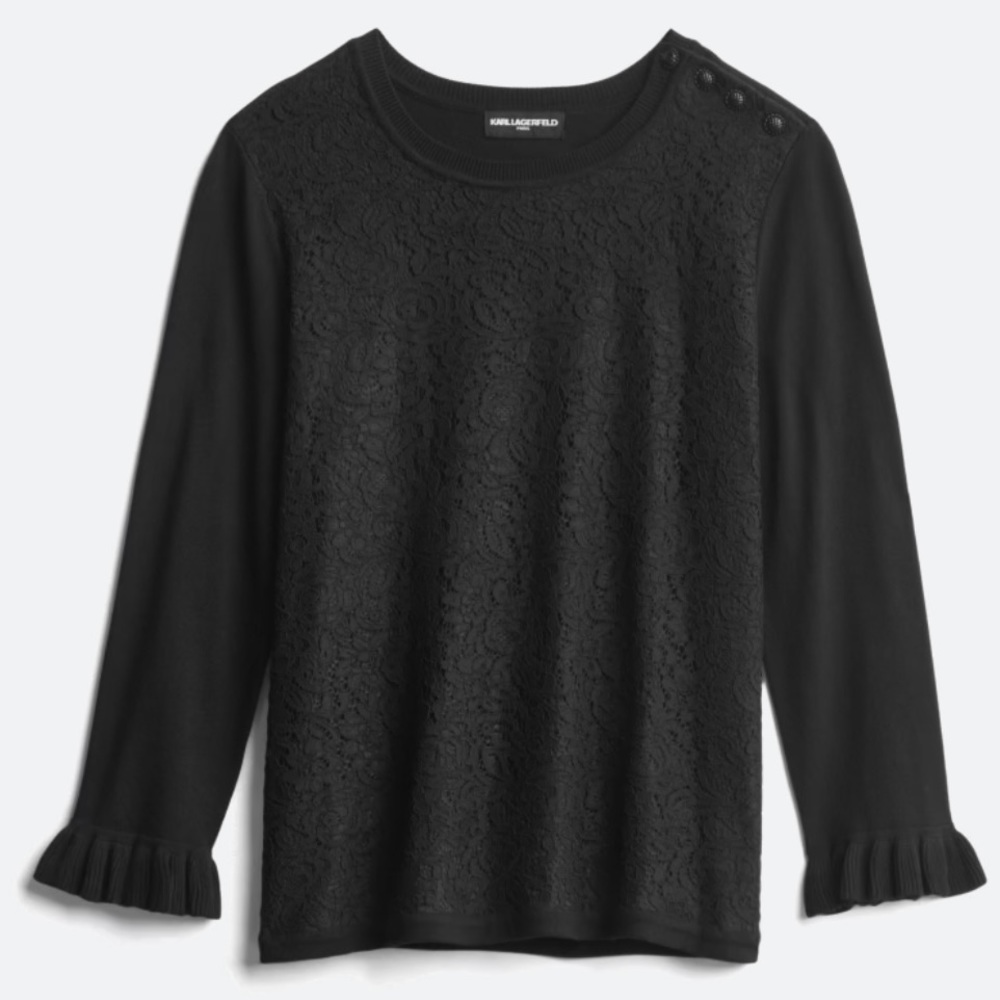 Karl Lagerfeld Paris Black Nedvia Lace Mix Lightweight Sweater Top - Size XS
